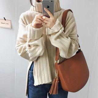 Long-sleeve Turtleneck Ribbed Side Slit Loose Fit Knit Top