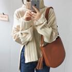 Long-sleeve Turtleneck Ribbed Side Slit Loose Fit Knit Top