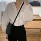 Puff Long-sleeve V-neck Plain Blouse