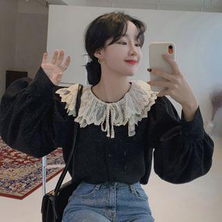 Long-sleeve Lace Collar Blouse Black - One Size