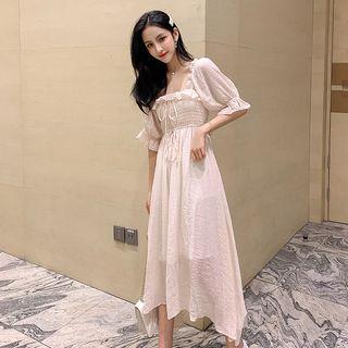 Puff-sleeve Ruffle-trim Lace-up Chiffon Dress