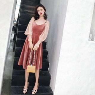 Set: Velvet Spaghetti Strap Dress + Mesh Long Sleeve Top