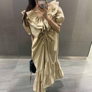 Short-sleeve Crinkled Midi Mermaid Dress Almond - One Size