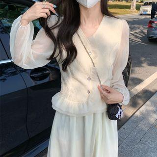 Mesh Ruffle Button-up Jacket / Midi A-line Skirt