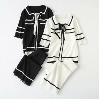 Set: Contrast Trim Bow Short-sleeve Knit Top + Wide-leg Pants