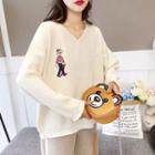 Cartoon Embroidered V-neck Sweater