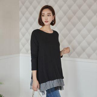 Gingham Trim Ruffle-hem Top Black - One Size