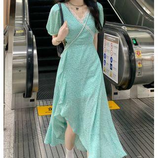 Short-sleeve V-neck Asymmetrical Hem Floral Midi Dress