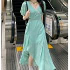 Short-sleeve V-neck Asymmetrical Hem Floral Midi Dress