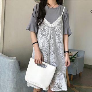 Set: Elbow-sleeve T-shirt + Spaghetti Strap Lace A-line Dress