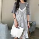 Set: Elbow-sleeve T-shirt + Spaghetti Strap Lace A-line Dress