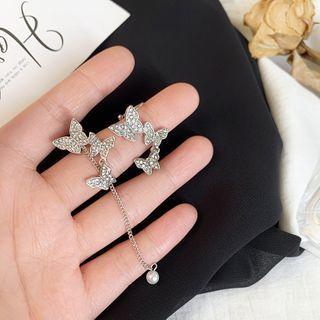 Butterfly Rhinestone Asymmetrical Alloy Dangle Earring 1 Pair - Silver Needle - Silver - One Size