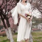 Elbow-sleeve Midi A-line Dress / Wedding Veil / Set