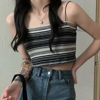 Striped Knit Camisole Top / High-waist Denim Shorts