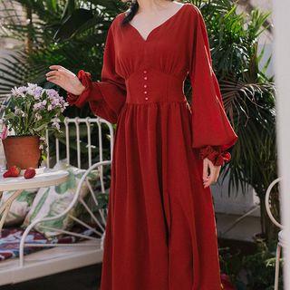 Long-sleeve Ruffled Buttoned Midi A-line Dress