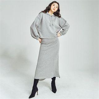 Set: Balloon-sleeve Hoodie + Maxi A-line Skirt