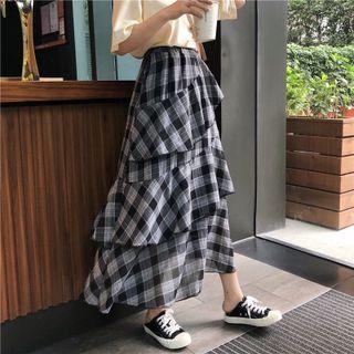 Short-sleeve Print T-shirt / Check Layered Maxi Skirt