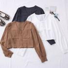 Puff-sleeve V-neck Crop Shirt