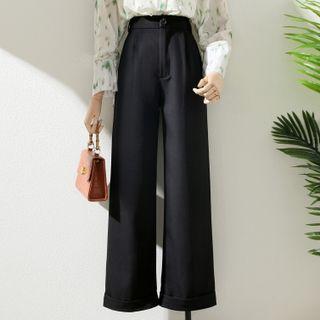 High-waist Plain Rolled Wide-leg  Pants