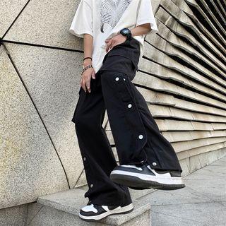 Side-button High Waist Straight Leg Cargo Pants