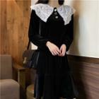 Lace Collar Velvet Long-sleeve Dress Black - One Size