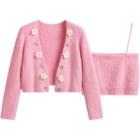Set: Flower Applique Cropped Cardigan + Camisole Top