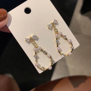 Faux Pearl Rhinestone Bow Drop Earring 925silver - Gold & White - One Size