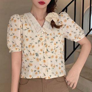 Floral Peter-pan Collar Puff-sleeve Top
