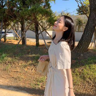 Square-neck Drawstring-waist Shirtdress