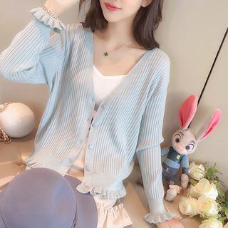 Long-sleeve Frilled Plain Cardigan