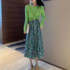 Set: Plain Long-sleeve T-shirt + Printed Midi Spaghetti Strap Dress T-shirt - Green - One Size / Dress - Green - One Size