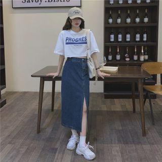 Side-slit Denim Midi Pencil Skirt / Short-sleeve Lettering Cropped T-shirt