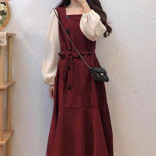 Long-sleeve Square-neck Panel Double Breasted Dress