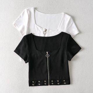 Short-sleeve Zip Crop Top