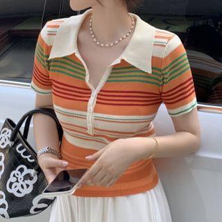 Short-sleeve Striped Polo Shirt Tangerine - One Size