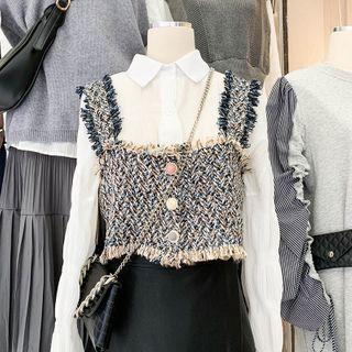 Fringed Trim Sleeveless Top Blue & Coffee & Black - One Size