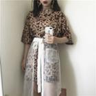 Leopard Print Elbow-sleeve T-shirt Dress / Mesh Midi Skirt
