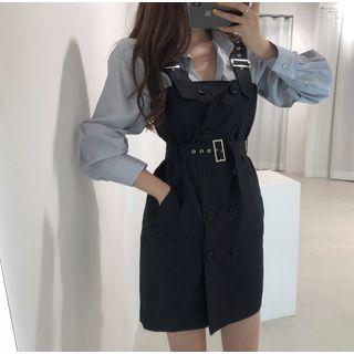 Long-sleeve Plain Shirt / Sleeveless Double Breast Tie Waist Dress