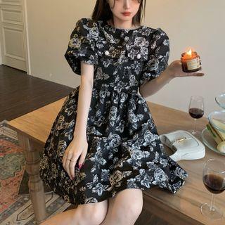 Puff-sleeve Floral Print Mini A-line Dress Black - One Size