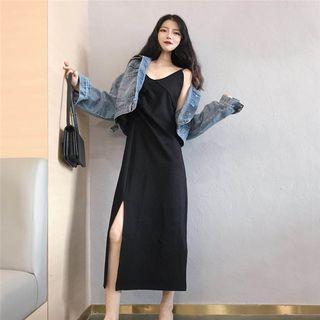 Spaghetti Strap V-neck Split Hem Midi Dress Black - One Size