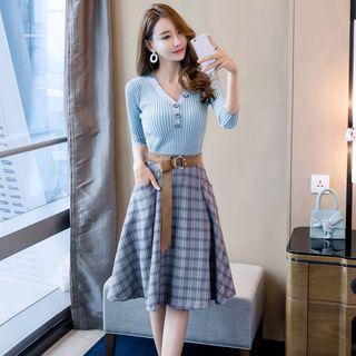 Set: 3/4-sleeve Buttoned Knit Top + Plaid A-line Midi Skirt