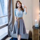 Set: 3/4-sleeve Buttoned Knit Top + Plaid A-line Midi Skirt