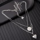 Disc & Heart Pendant Stainless Steel Layered Necklace Layered - Silver - One Size