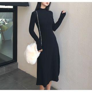 Mock Neck Long-sleeve Midi A-line Dress Black - One Size
