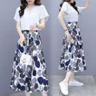 Set Of 2 - V-neck Flower Trim Sleeve Top + Print A-line Maxi Skirt