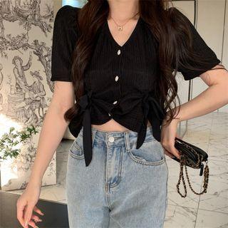 Short-sleeve V-neck Bow Button-up Top