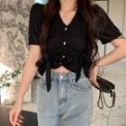 Short-sleeve V-neck Bow Button-up Top