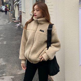 Lettering Zip Fleece Jacket Khaki - One Size