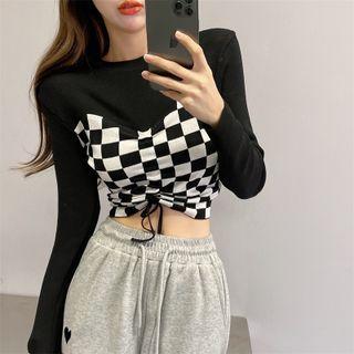 Long-sleeve Checkerboard Panel Drawstring Crop Top