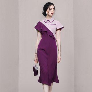 Short-sleeve Two-tone Midi Sheath Shirtdress